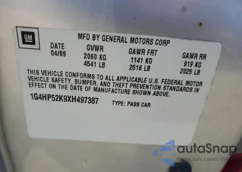 1999 Buick Lesabre Custom из США, поврежденный, VIN 1G4HP52K9XH497387